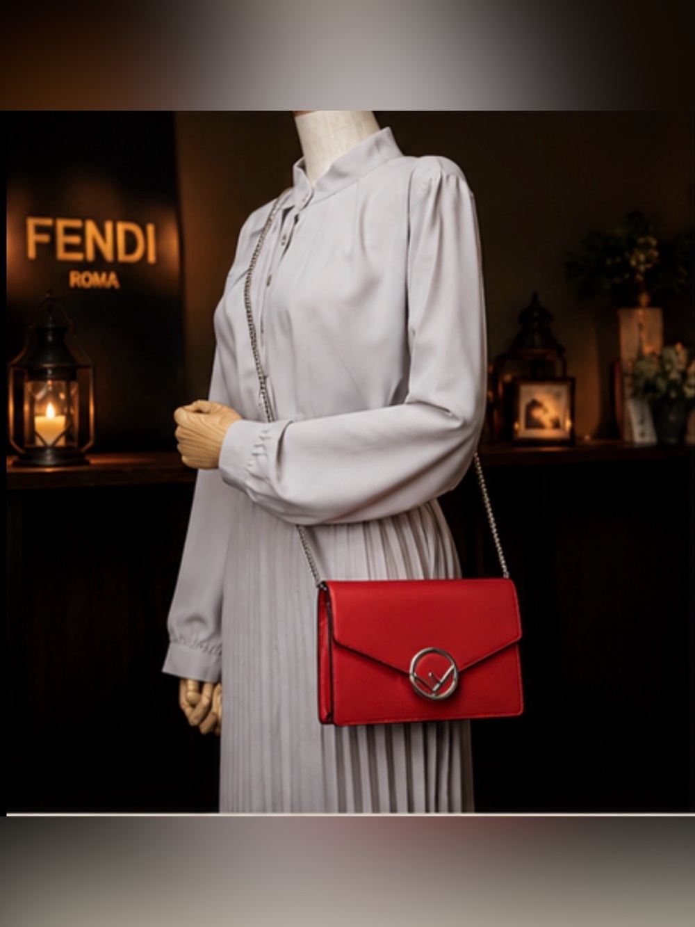 Fendi Kan I F Logo Chain Wallet Crossbody Bag ❤️ Red Leather New Without Tags ❤️ - Picture 2 of 8